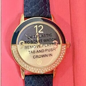 Isaac Mizrahi Live Watch Gold Tone Blue Leather Strap Womens Quartz Rhinestones